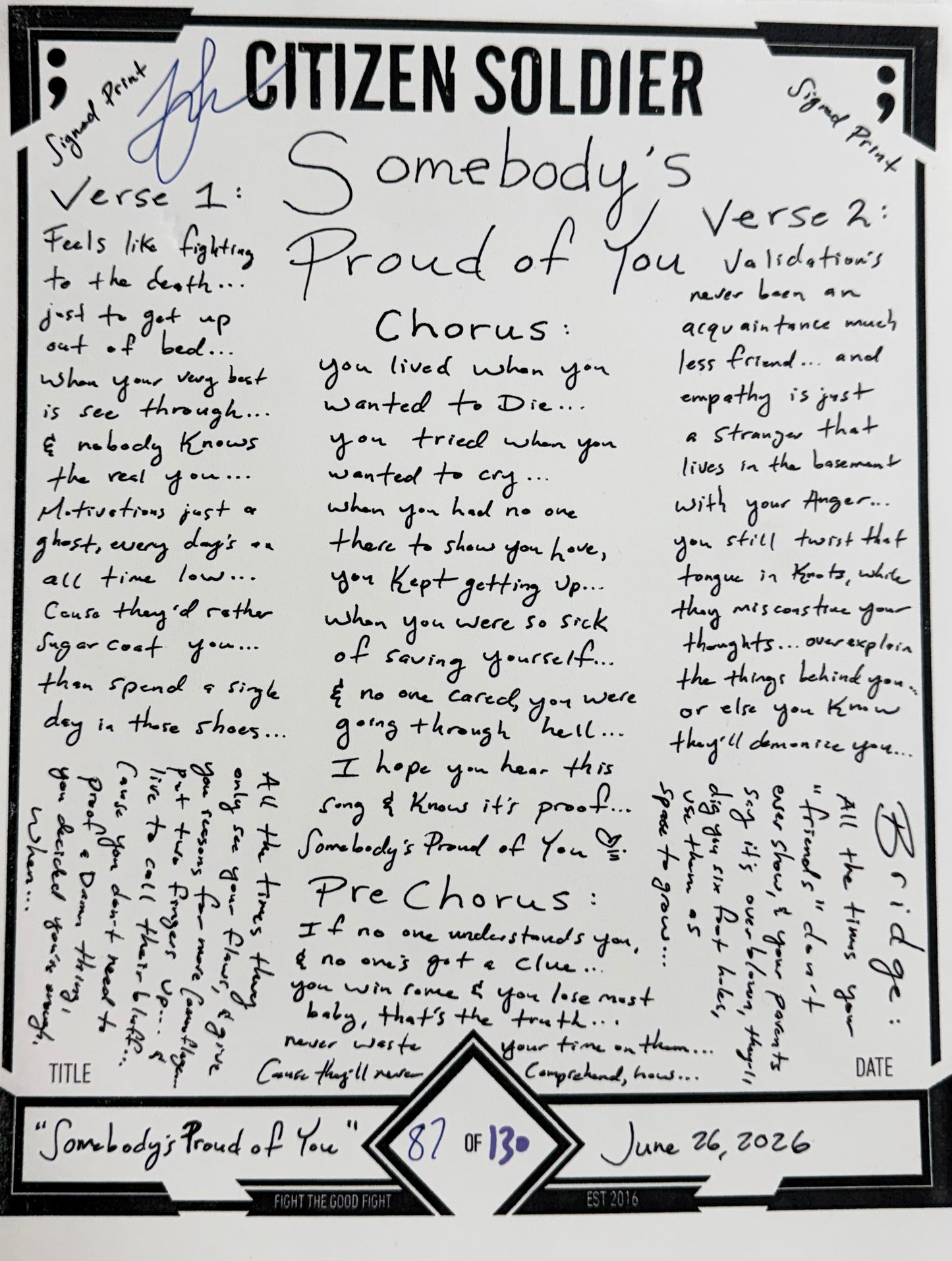 Somebody's Proud Of You Lyric Sheet - Signed Print