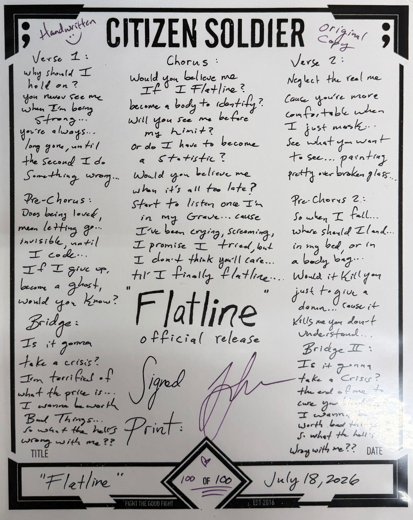 Flatline Handwritten Lyric Sheet