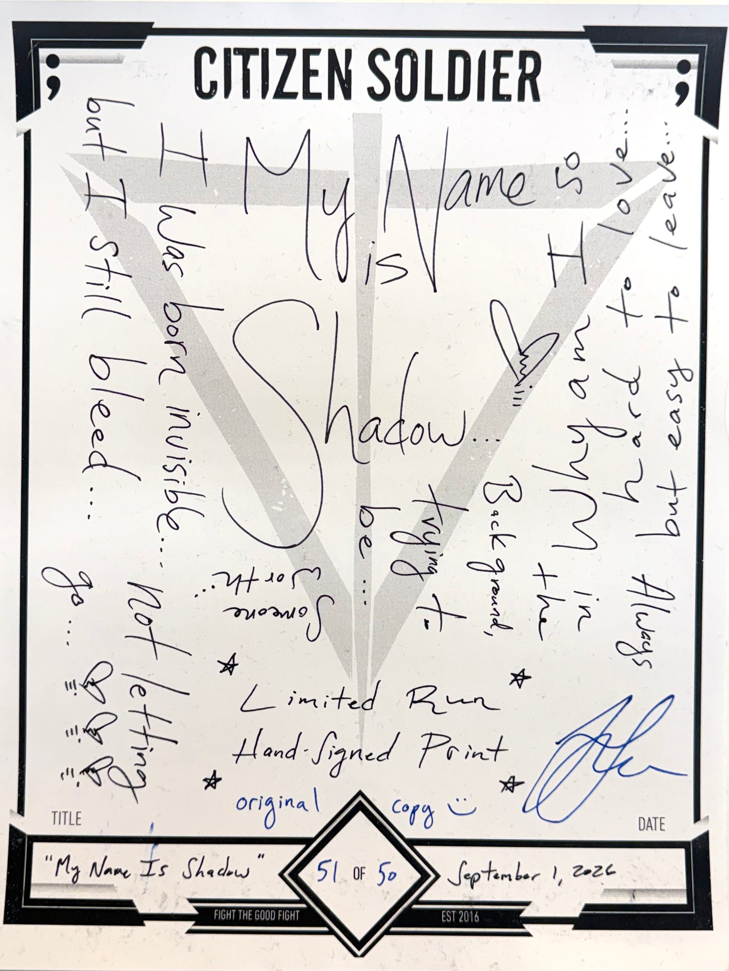 My Name Is Shadow Lyric Sheet - Signed Print