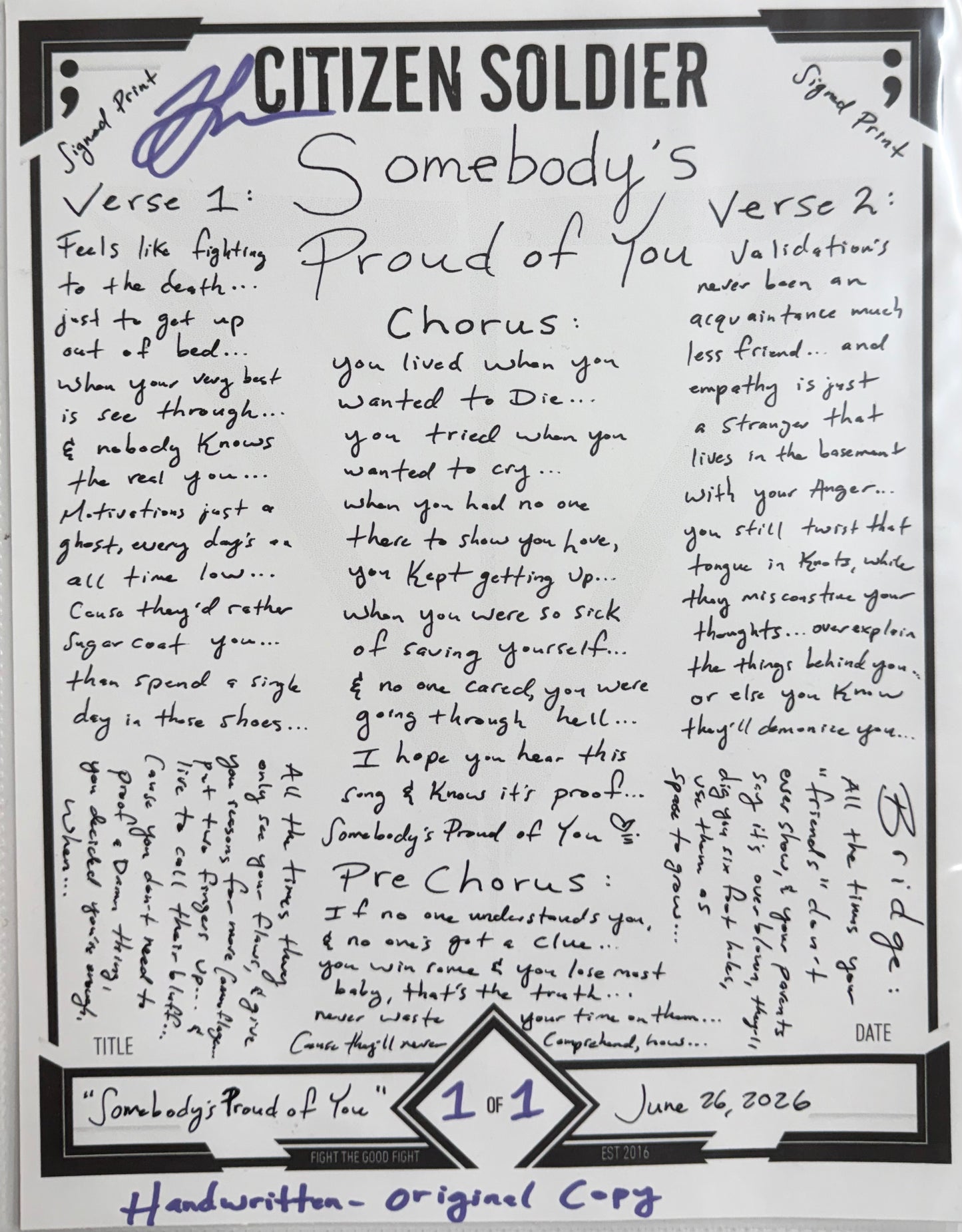 Somebody's Proud Of You Lyric Sheet
