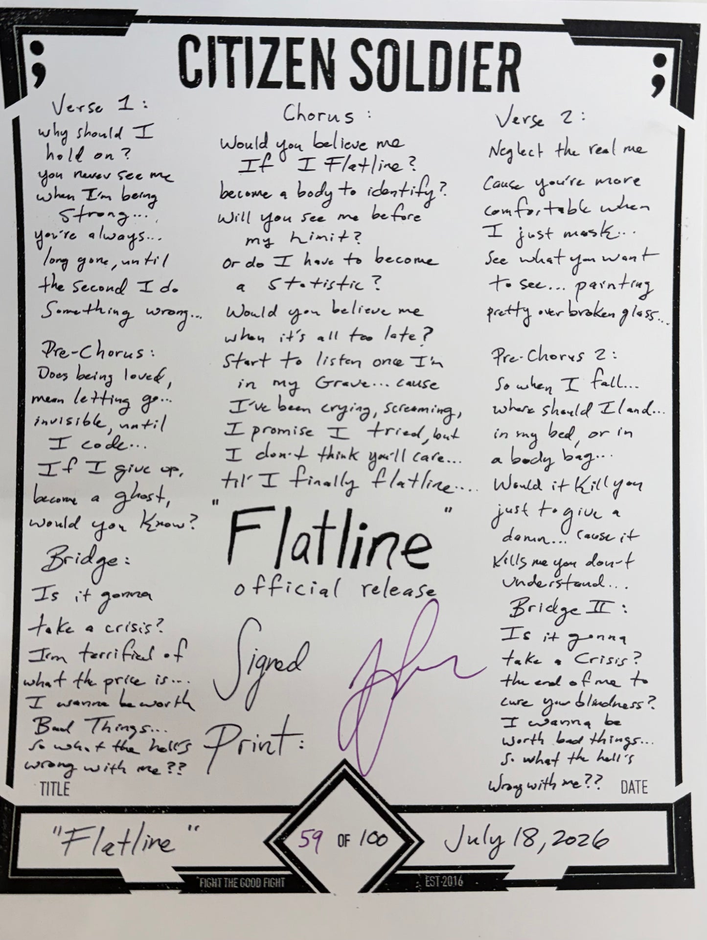 Flatline Lyric Sheet - Signed Print