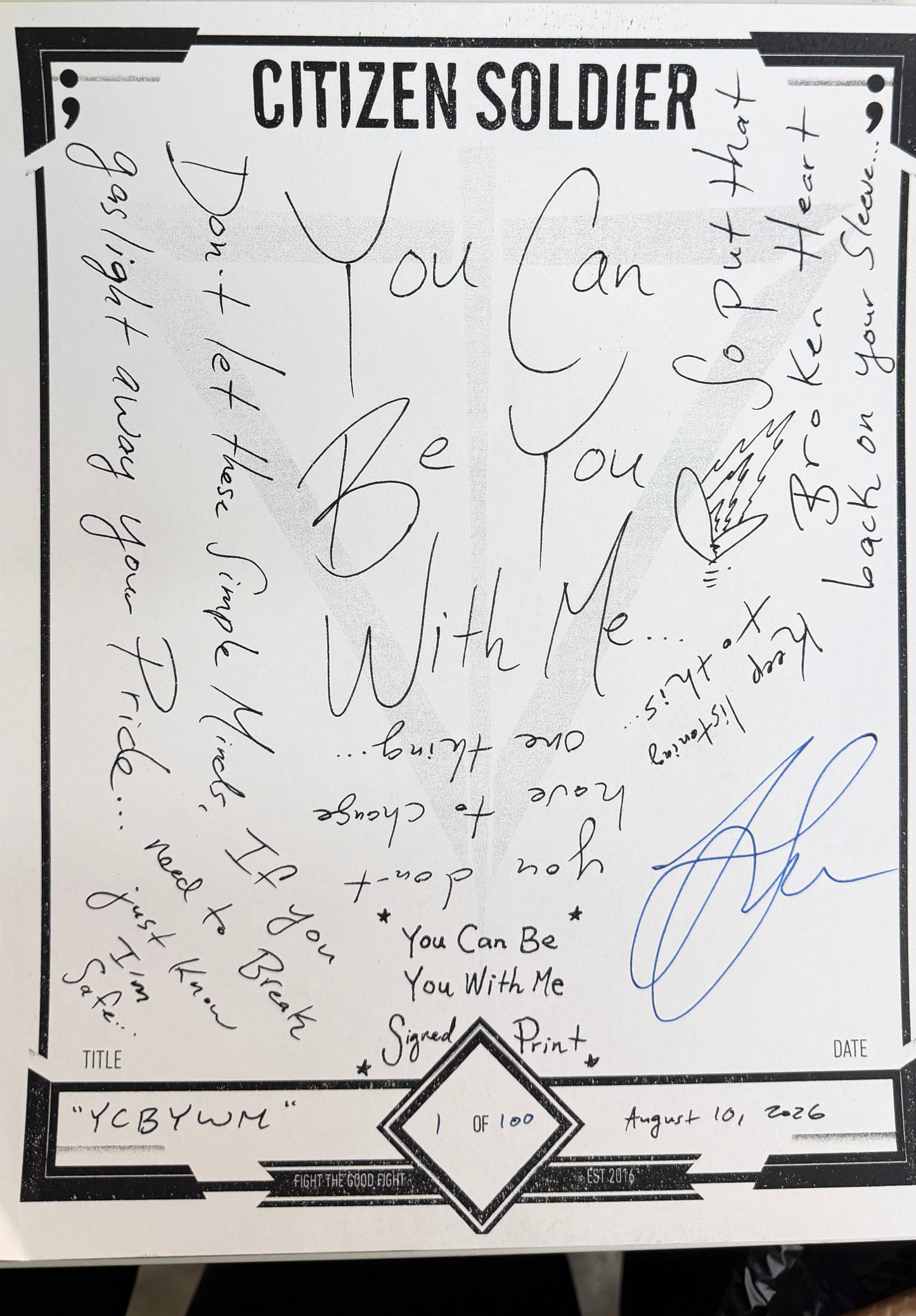 You Can Be You With Me Lyric Sheet - Signed Print