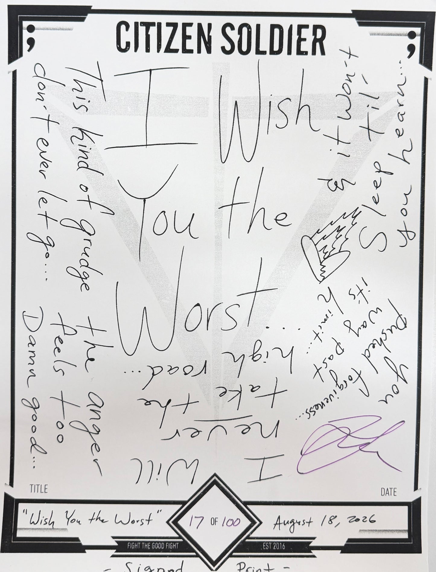 Wish You The Worst Lyric Sheet - Signed Print